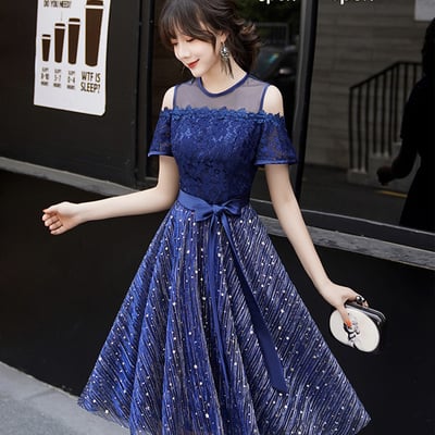 Blue lace short prom dress a line evening dress - Thumbnail 2