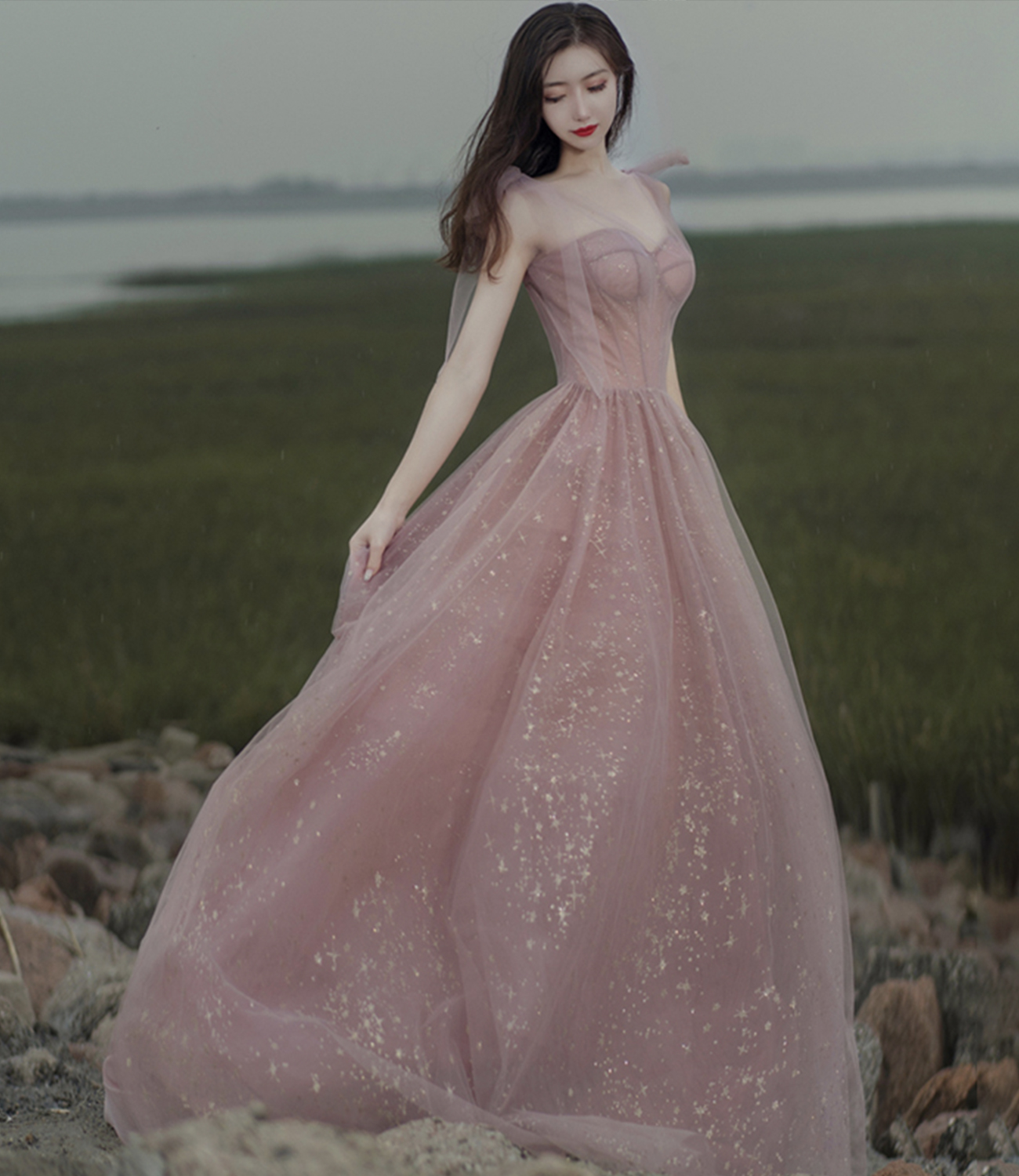 Pink A line prom dress pink tulle evening dress