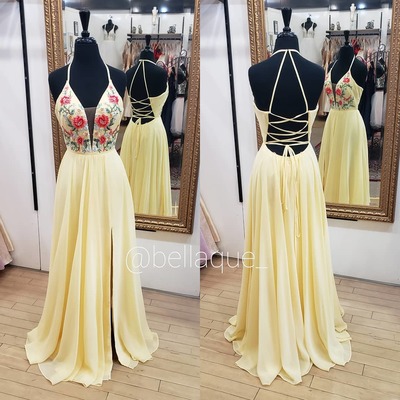 Yellow Long Prom Dress with Floral Embroidery,911