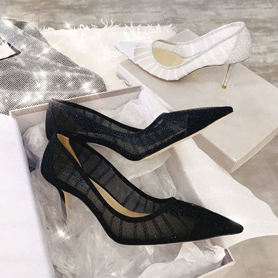 Black high-heeled shoes women stiletto silver lace mesh pumps S-274