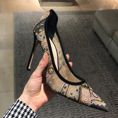 Black high heels women's stiletto 10cm embroidered lace and gauze pumps S-278