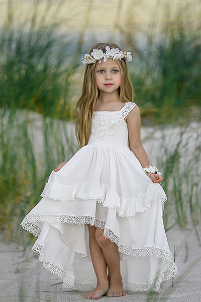 Cute Boho Square Neck Chiffon High Low Flower Girl Dresses with Appliques