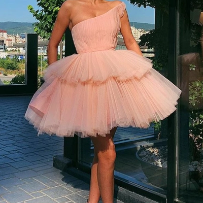 Cute a line one shoulder ruffled tulle blush pink short prom dresses - Thumbnail 2