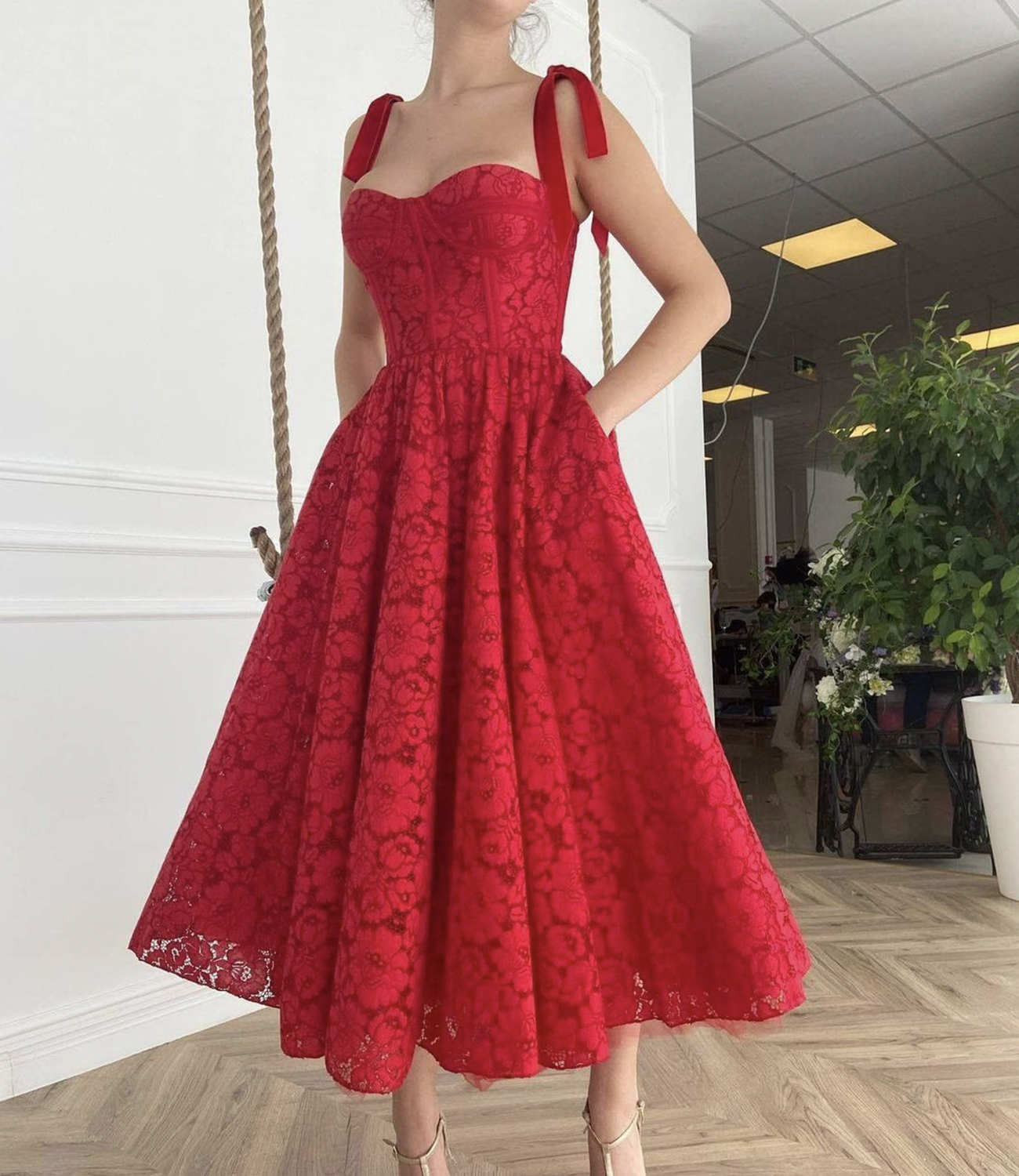 Red lace short prom dress A line evening dress
