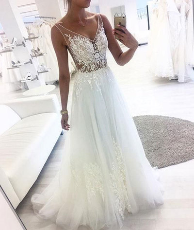 V Neck Tulle Wedding Dresses with Appliques,Elegant Bridal Dresses,918