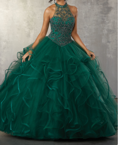 Green Ruffles Puffy Ball Gown Quinceanera Dresses 2021 Crystal Beaded Pearls High neck Sweet 16 Dress Sheer Neck Princess Prom Dresses Party Gowns,920
