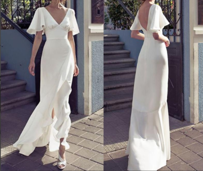 2021 V Neck Sheath Wedding Dresses Front Split Backless Bridal Dress Floor Length Wedding Dresses Custom,211
