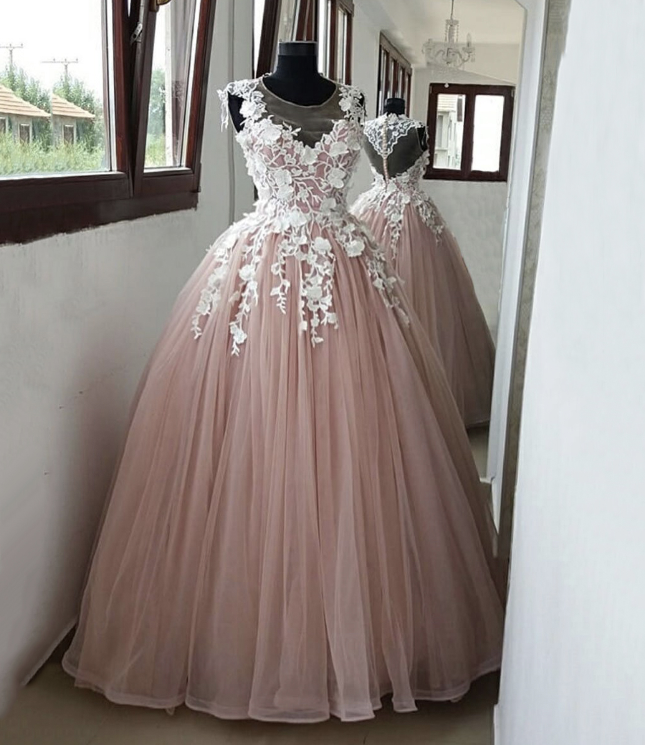 Pink tulle lace long prom dress pink evening dress