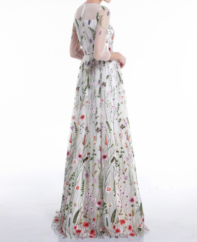 White Prom DressTulle Colorful Floral Embroidery Whimsical Maxi Evening Dress with Sheer 3/4 Sleeves Prom Dress,214