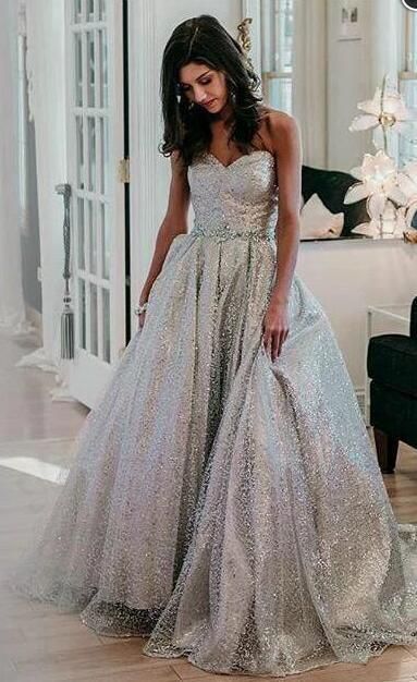 Gorgeous Glitter Ball Gown Sweetheart Silver Sequins Prom Dresses for Teen,220