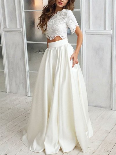White wedding dress two piece wedding dress lace applique wedding dress Beach Wedding Dress,222