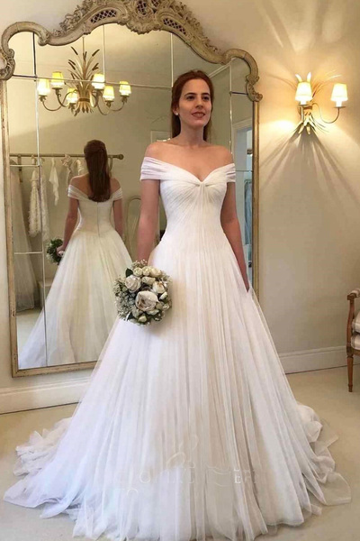 Off-shoulder White Tulle Ball Gown Wedding Dresses with Twist Bust,225