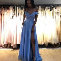 2021 Popular Discount Simple A Line Off the Shoulder Dark Green Satin Prom Dresses with Split Under 100 - Thumbnail 1