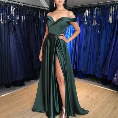 2021 popular discount simple a line off the shoulder dark green satin prom dresses with split under 100 - Thumbnail 2