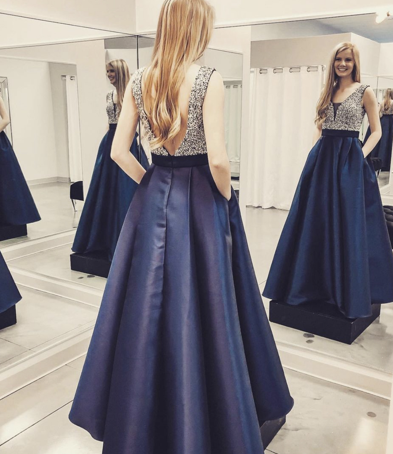 Blue A line satin long prom dress blue evening dress
