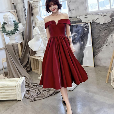 Burgundy satin short prom dress party dress - Thumbnail 1