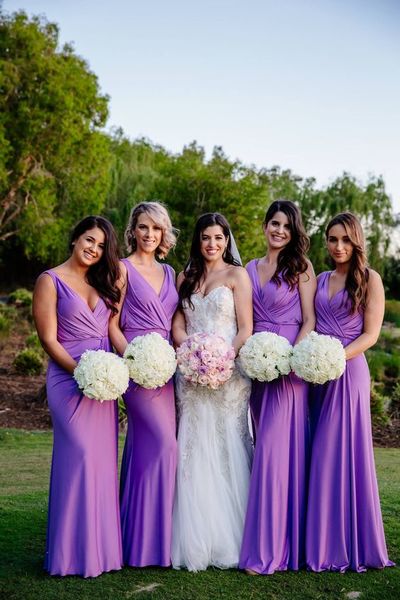Sheath V Neck Purple Chiffon Long Bridesmaid Dresses