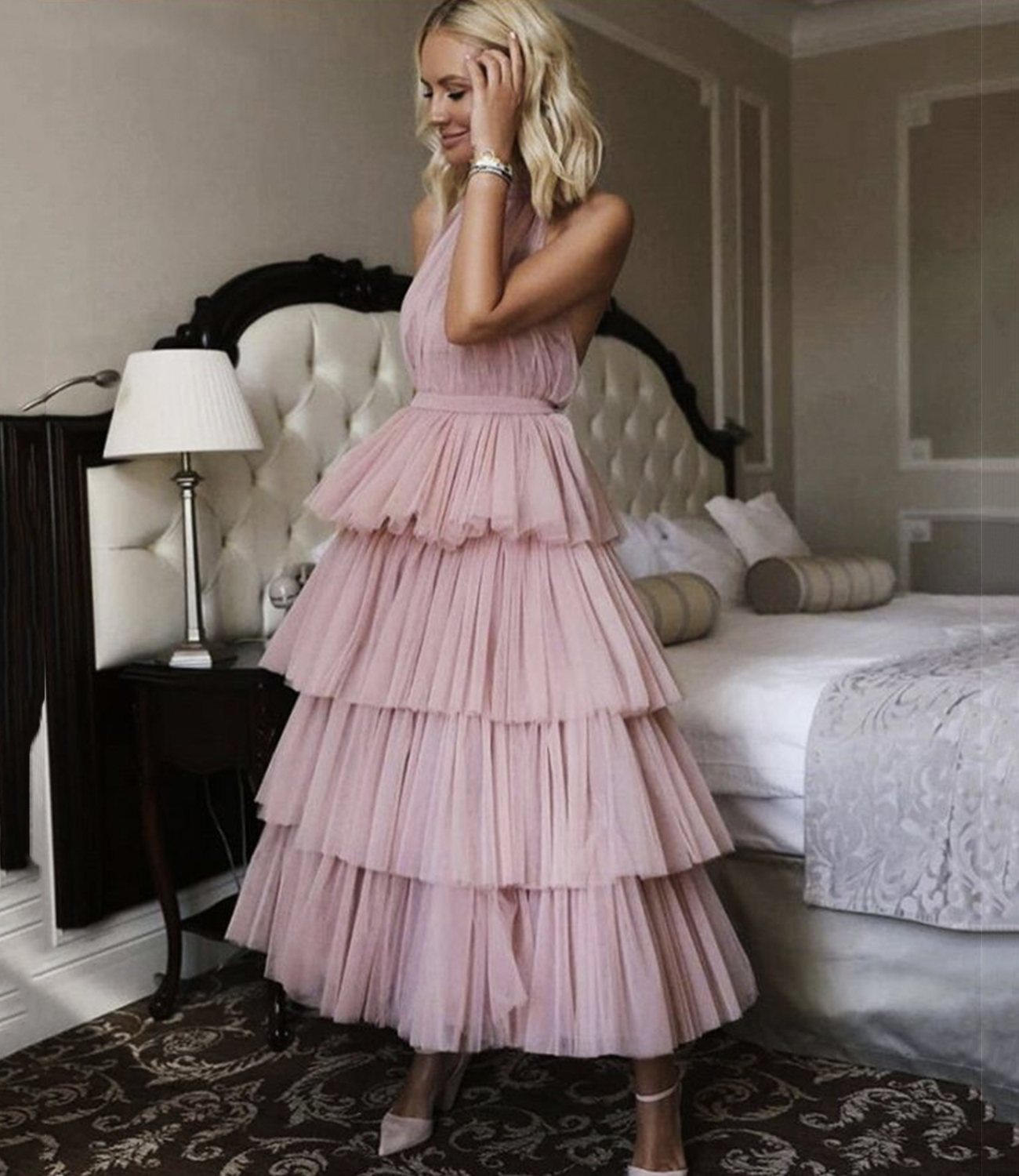 Pink tulle short prom dress pink evening dress