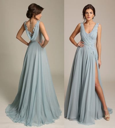 Dusty Blue V Neck Chiffon Evening Gown with Side Split,Sexy Cowl Back Prom/Evening Bridesmaid Dress,216
