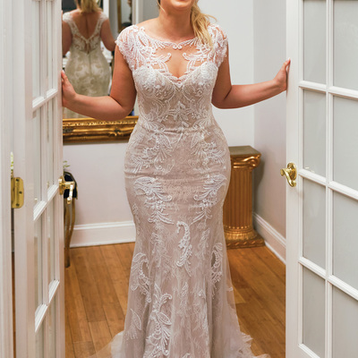 Boat neck mermaid v back lace wedding dresses - Thumbnail 3