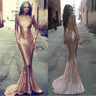 Long sleeve mermaid prom dress, rose gold prom dresses, sequin prom dresses, backless prom dress, sexy prom dresses,242