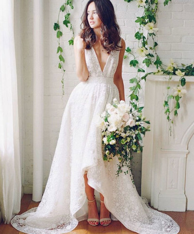 White v neck lace high- low wedding dress, lace bridal dress,251