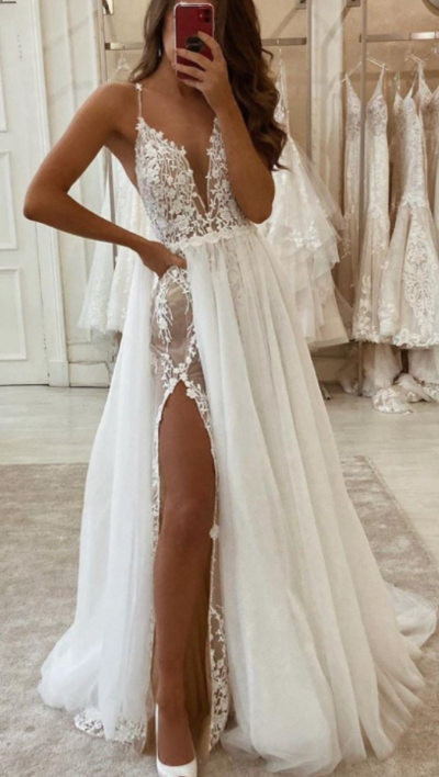 Spaghetti Straps Boho Lace Wedding Dress,Side Slit Wedding Dresses,Elegant Lace Bridal Gowns,264