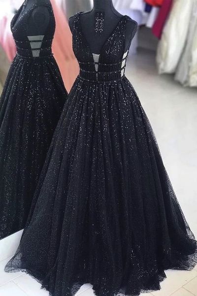 Ball Gown Sparkle Black Prom Dress,Tulle Evening Dresses,Floor Legnth Party Dresses,267