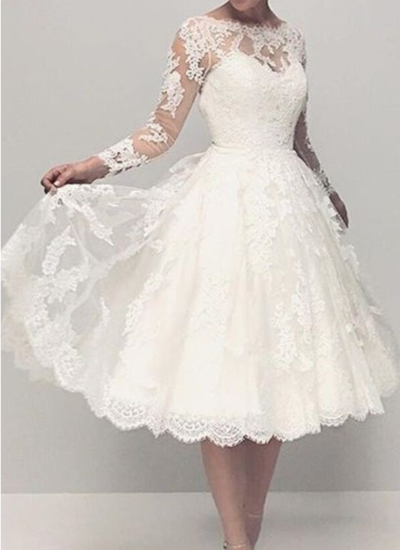 Tea Length Long Sleeve Lace Wedding Dress,Informal Modest Short Wedding Dress,269
