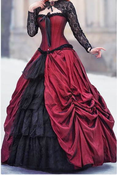 Gothic Ball Gown Victorian Wedding Dresses Black and Burgundy Lace Bridal Gowns,283