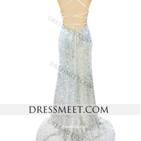 Sparkly Mermaid Cowl Neck Spaghetti Straps White Sequins Prom Dress - Thumbnail 3