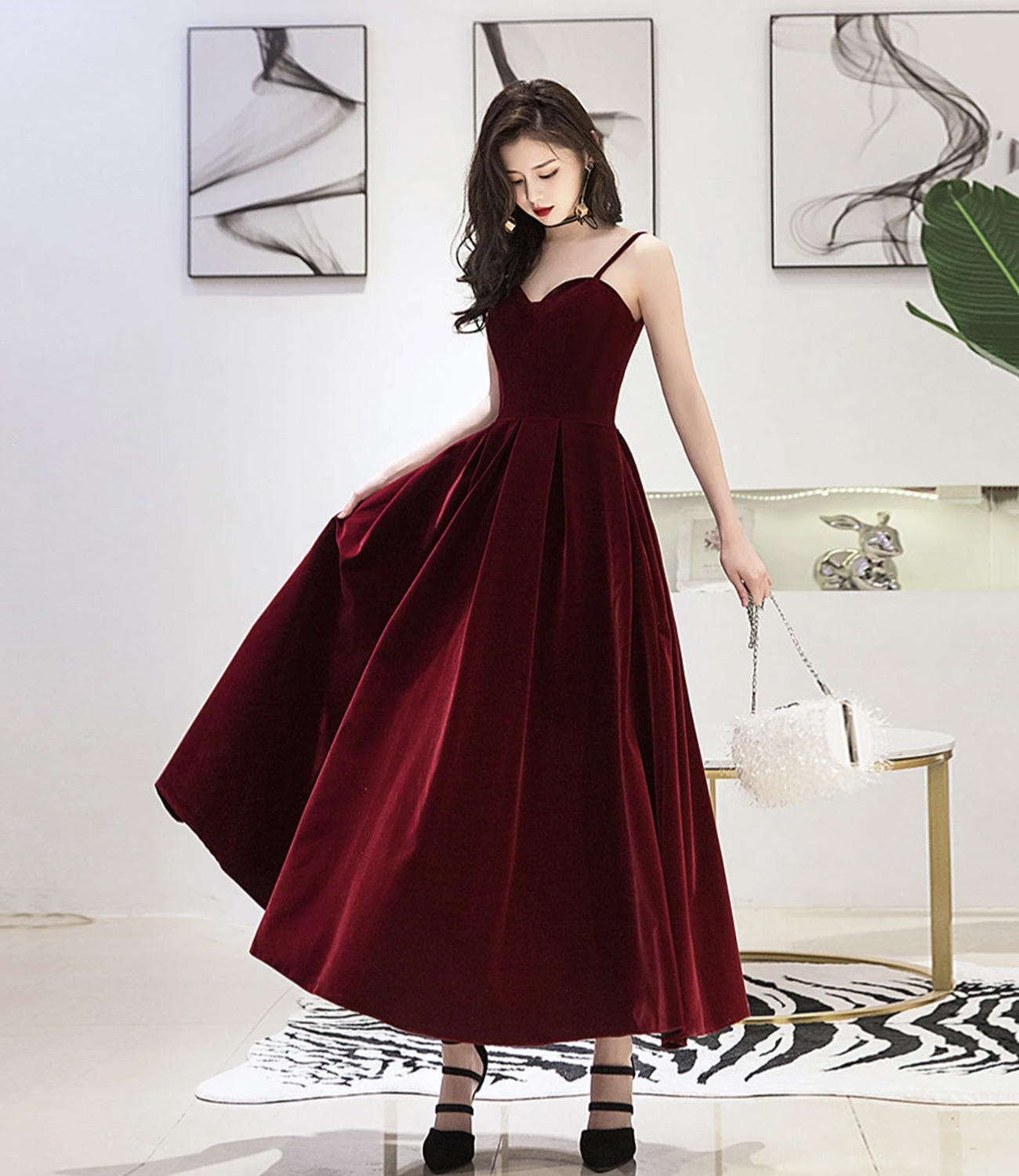 Burgundy velvet short prom dress party dress