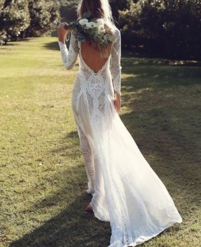 New White/Ivory A Line Lace Wedding Dress V Neck Lace Back with Long Sleeves,287