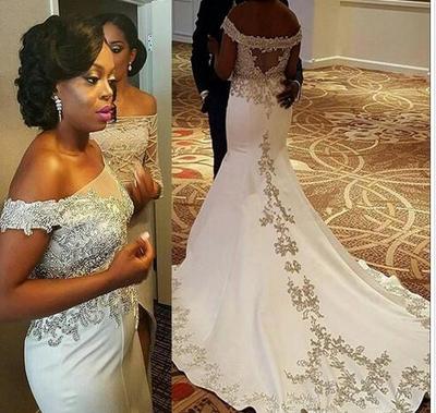 Vintage Off The Shoulder Mermaid Wedding Dresses Sheer Neck Lace Appliques Beads Sexy Back Satin Bridal Dress African Wedding Gowns,290
