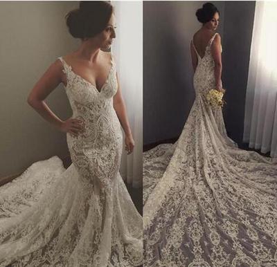Stunning Illusion Lace Mermaid Wedding Dresses 2021 Sexy V Neck Appliques Sweep Train Bridal Vestidos Robe de soriee Gowns Backless,291