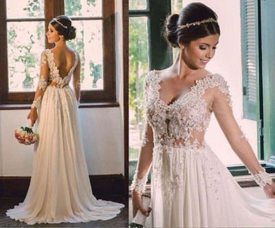 Lace Chiffon Boho Beach Wedding Dress with Long Sleeves Lace Pearl Beads Wedding Dress Bridal Dress,292