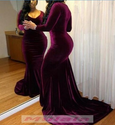 2021 African Plus Size Prom Dresses Long Sleeve Burgundy Velvet Mermaid Evening Dress Long Sexy V Neck Party Gowns,306
