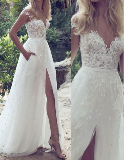 Sexy Lace Tulle Wedding Dress With Front Slit,Bridal Dress,30