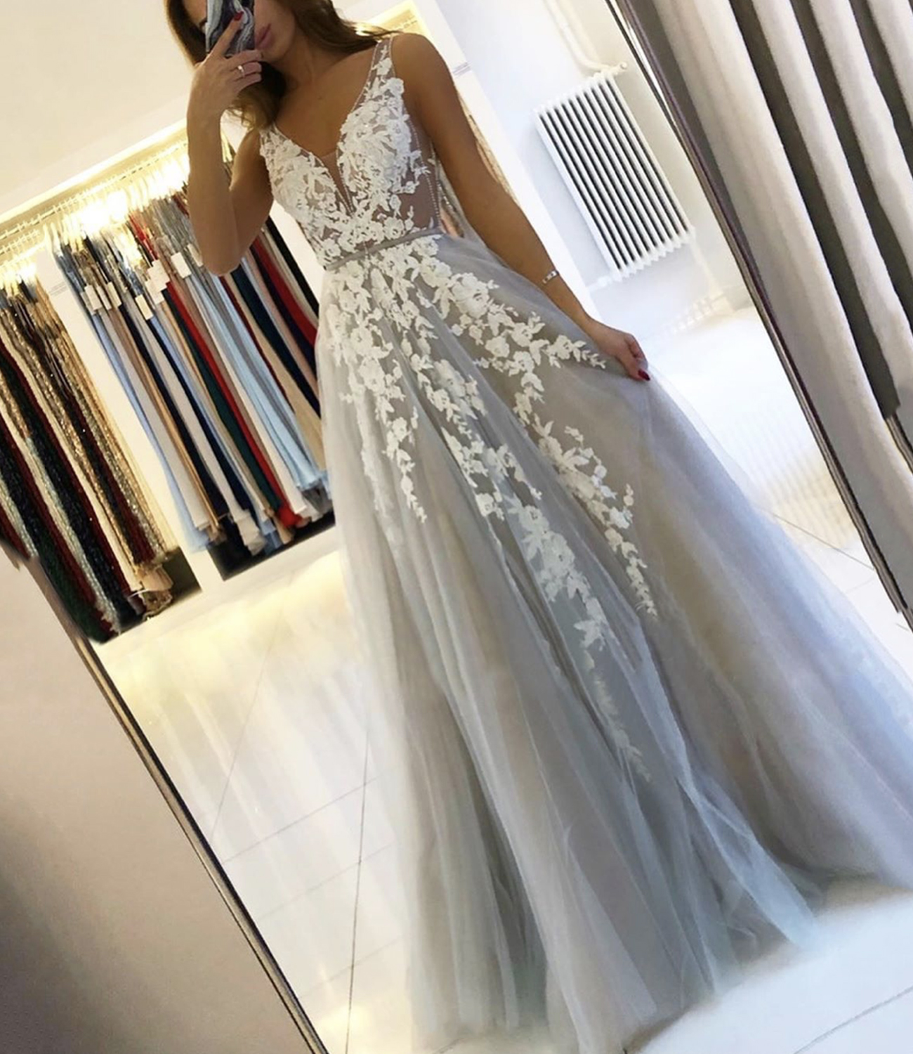 Grey v neck tulle long prom dress lace evening dress