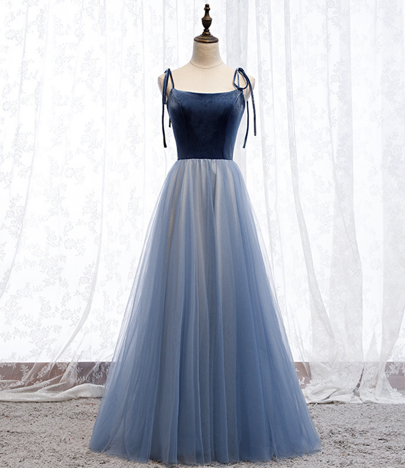 Blue velvet tulle long prom dress blue evening dress