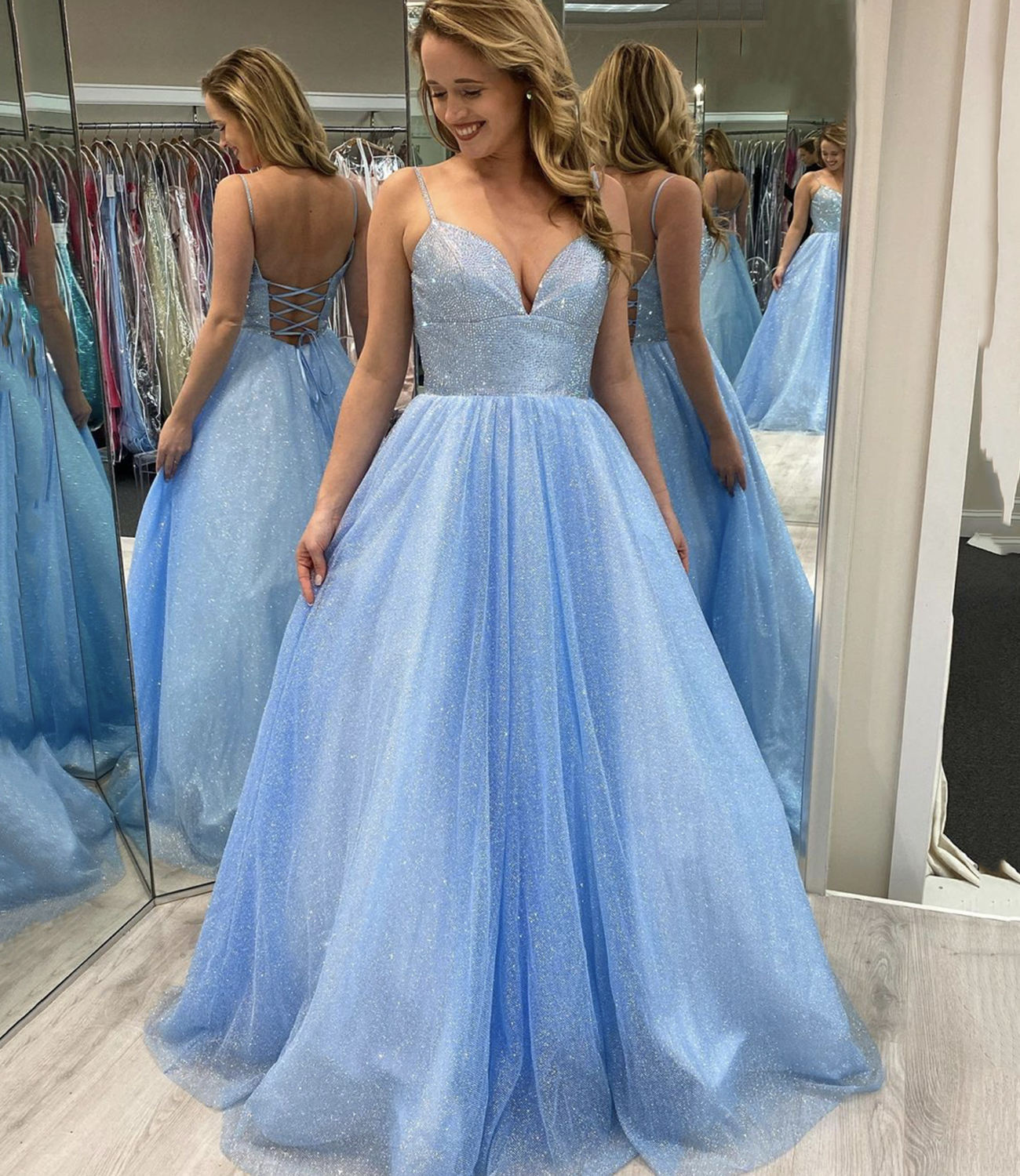 Blue tulle beads long prom dress blue evening dress