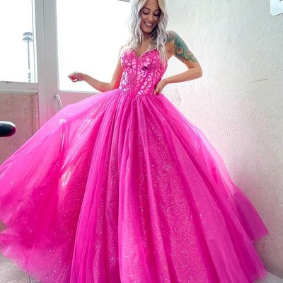 Gorgeous ball gown sweetheart fuchsia tulle prom dress with beading, sweet 16 dresses - Thumbnail 3