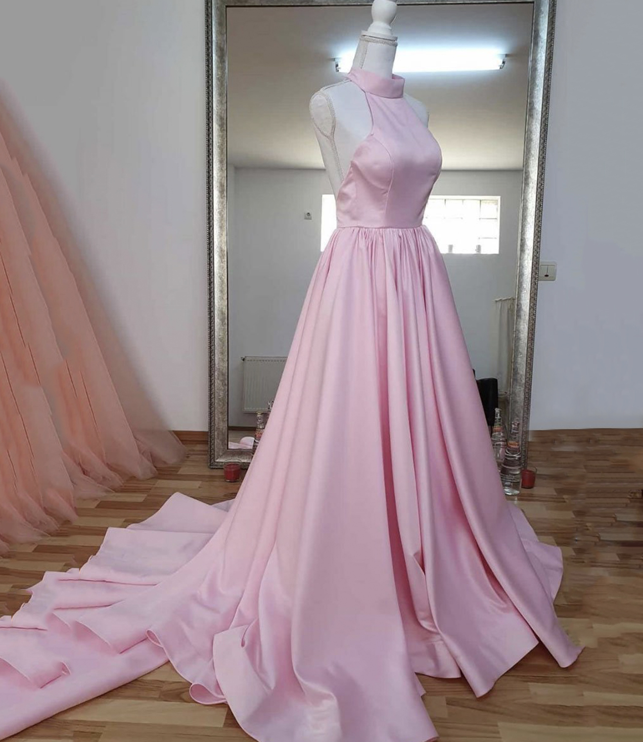 Pink satin long A line prom dress pink evening dress
