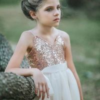 Pretty V Neck Sequin Tulle Knee Length Flower Girl Dress with Belt Bow - Thumbnail 2