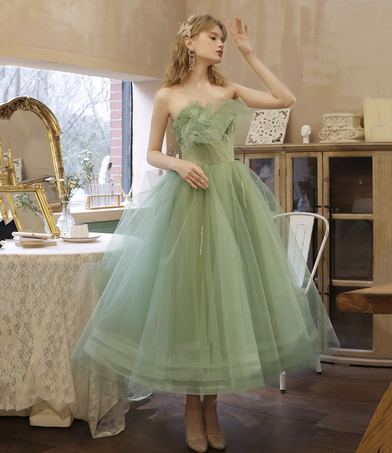 Green tulle short prom dress green evening dress