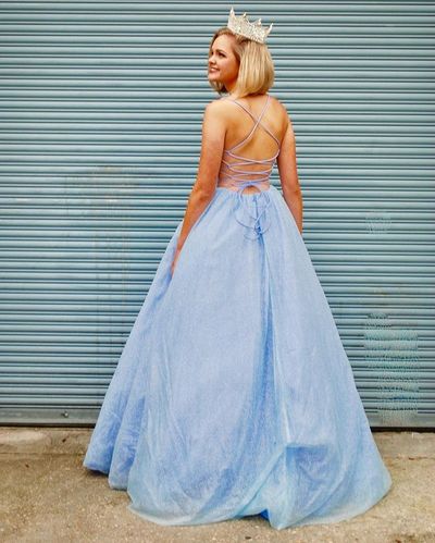 Cute Sparkly Ball Gown V Neck Straps Light Blue Prom Dresses
