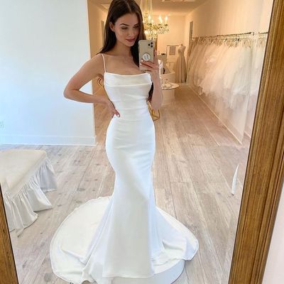 Mermaid spaghetti straps elastic satin long wedding dresses - Thumbnail 2
