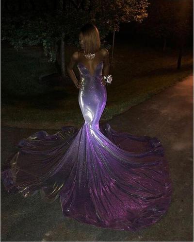 Glitter Long Mermaid Black Girl Prom Dresses 2020 Off Shoulder Sweetheart Court Train Purple Sequin African Evening Formal Dress,309
