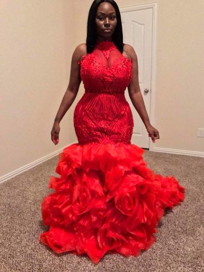 Black Girl Plus Size Prom Dresses Long 2021 African Style Red Lace Appliques Formal Mermaid Evening Dress Ruffles Sheer Neck Long Party Gowns,312