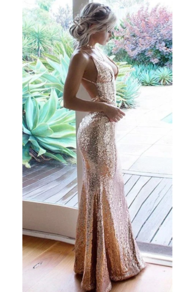 Rose Gold Sequined Mermaid Prom Dresses,Spaghetti Straps Backless Party Gowns,Women Formal Party Evening Dress,313